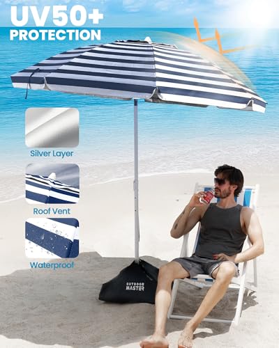 OutdoorMaster Beach Umbrellas for Sand with Sandbag & Anchor, 7.2ft Adjustable Umbrella for Beach Heavy Duty Wind, Portable UPF50+ Sunshade with Carry Bag for Patio