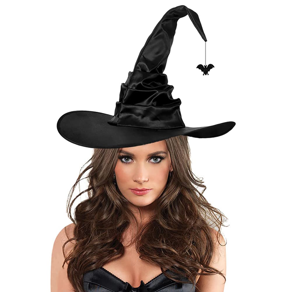 Halloween Witch Hat Black Ruched Wizard Hat Women Wide Brim Pointed Cap with Spider Bat Pendant Witch Headwear Costume Halloween Carnival Cosplay Party Costume Accessory Fancy Dress Props