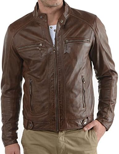 Men's Stylish Lambskin Genuine Leather Motorcycle Biker Jacket 23 M Brown Antique
