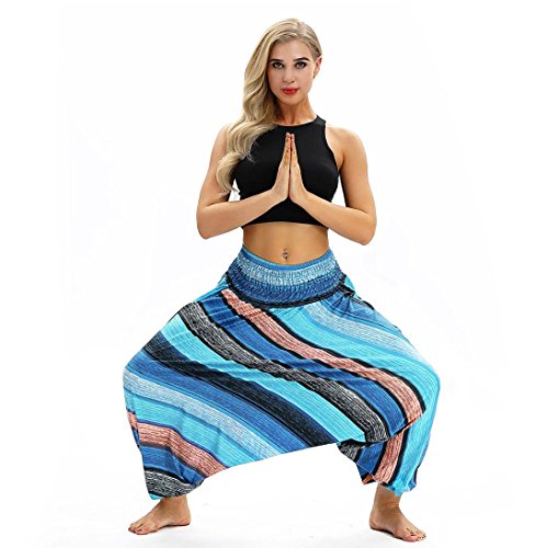 Yoga Pants,Women Casual Loose Yoga Trousers Baggy Boho Aladdin Jumpsuit Harem Pants (Light Blue, Free Size) - Thumbnail 4