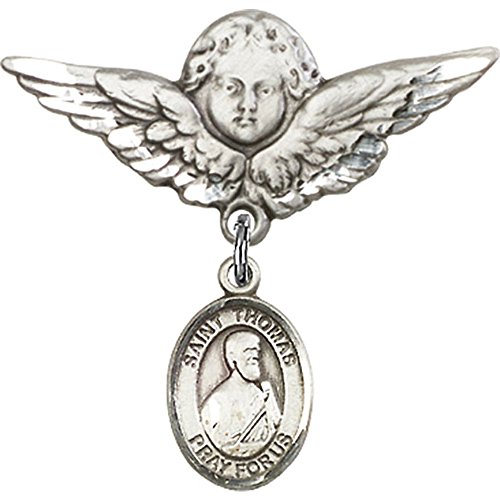 Sterling Silver Baby Badge with St. Thomas the Apostle Charm and Angel w/Wings Badge Pin 1 1/8 X 1 1/8 inches