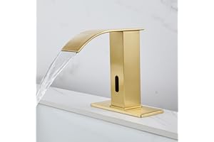 CDLODIN Touchless Bathroom Faucet Touchless Bathroom Sink Faucet with Control Box, Automatic Sensor Vanity Faucets and Temperature Mixer Hole Cover Plate for Easy Installation (Waterfall, Gold)