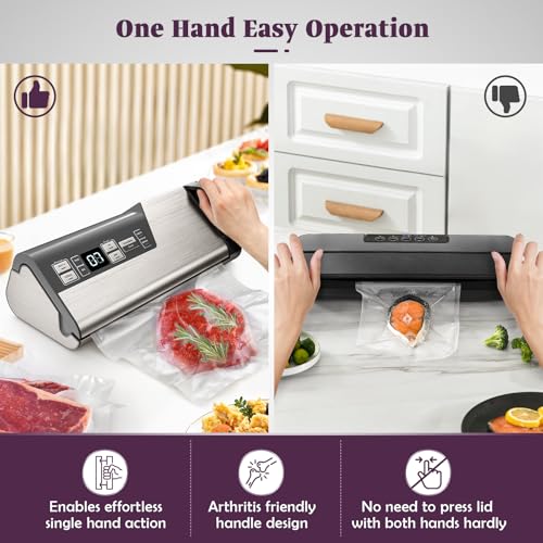 Mesliese Vacuum Sealer Machine, 95kPa 140W Double Seal Powerful Food Sealer, One Hand Operation Food Storage with Build-in Cutter & Roll Storage (Gray)