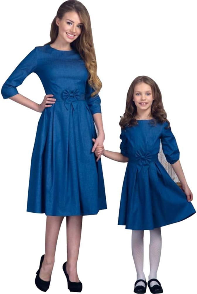 JEELINBORE Mother and Daughter Matching Dress Casual Midi Skater Dress Plain Half Sleeve Party Dresses