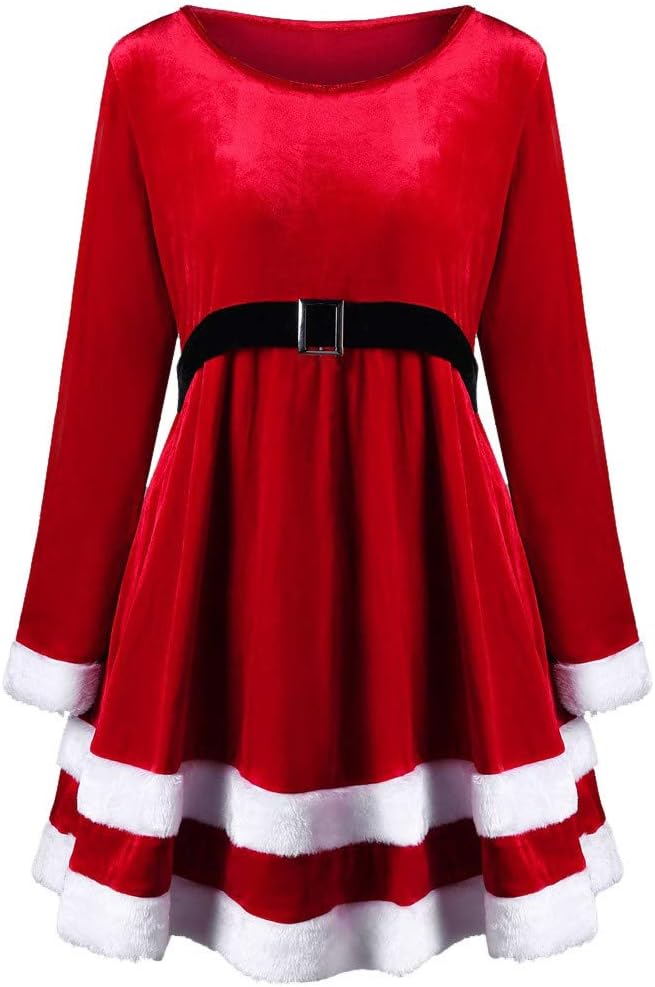 SMILEQ Dress Womens Merry Christmas Velvet Skirt Long Sleeve Ball Gown Dress Xmas Gift