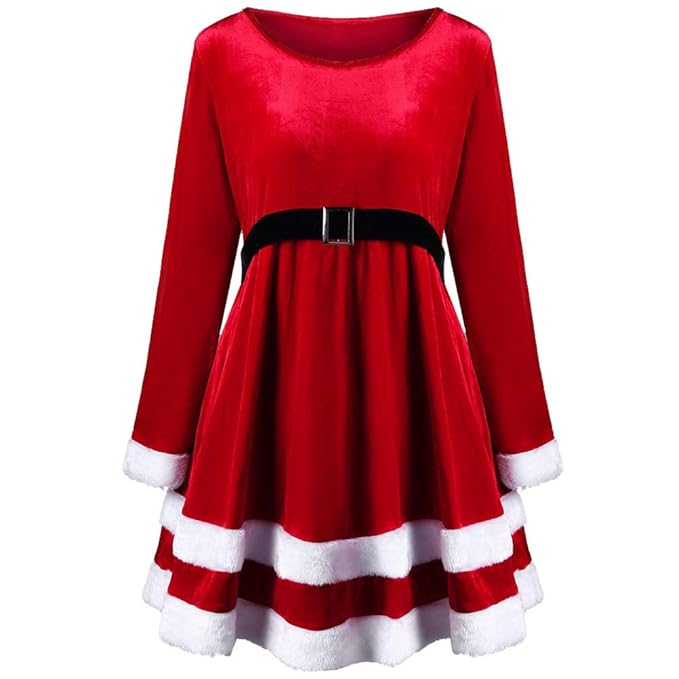 TWIFER Damen Frohe Weihnachten SAMT Langarm-Kleid, O-Neck Red Festival Kleid
