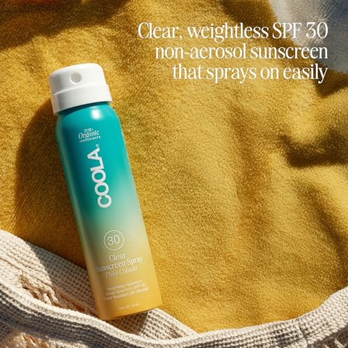 COOLA ORGANIC SUNSCREEN SPF 30 SUNBLOCK SPRAY, DERMATOLOGIST TESTED SKIN CARE FOR DAILY PROTECTION, VEGAN AND GLUTEN FREE, PIÑA COLADA, TRAVEL SIZE, 2 FL OZ