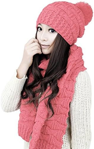 Women Girls Knitted Hat Scarf Set Fashion Winter Warm Hat with Attached Scarf