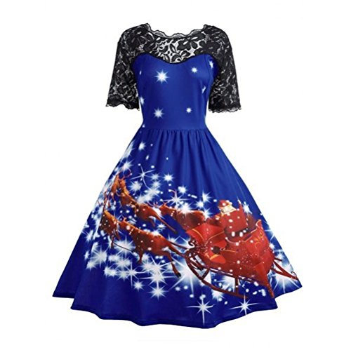 sfe Women Christmas Sled Elk Short Sleeve Lace Dress Party Cocktail Club Formal Homecoming Dresses (XL, Blue)