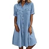 chouyatou Women's Summer Short Sleeve Denim Shirt Dress Business Casual Button Down Midi Long Jean Dress