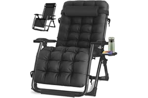 KINGBO Oversized Zero Gravity Chair, Lawn Recliner, Reclining Patio Lounger Chair, Folding Portable Chaise, with Detachable Soft Cushion, Cup Holder, Adjustable Headrest, Support 500 lbs. (Black Cushion)