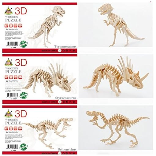 BeautyMood 3D Wooden Simulation Animal Dinosaur Assembly Puzzle Model Toy for Kids and Adults,3-piece Set