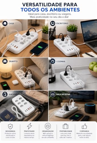 Filtro de Linha Extensão Elétrica 8 Tomadas 5 USB PD 30W Cabo 2m | Centralize energia e carregamento em um só lugar com 8 tomadas, 5 portas USB, cabo de 2 metros e potência de até 2500W.