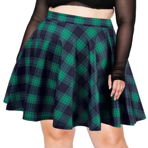 Women's Plus Size Mini Plaid Skirt- Basic High Waisted Flared Casual Stretchy Pleated Skater Skirts