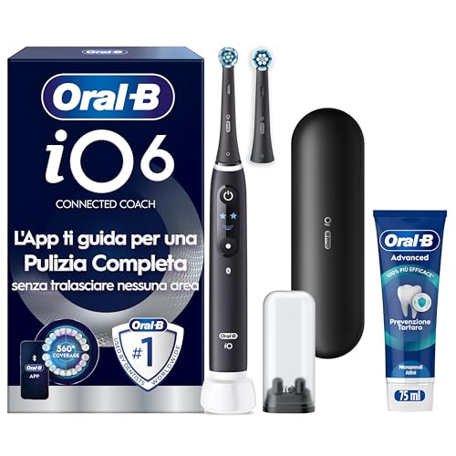 Oral-B iO 6 Spazzolino Elettrico, 2 Testine, Custodia, Dentifricio, Nero - 2 Testine di Ricambio per Spazzolino Elettrico, Ricaricabile, Custodia + 1 Dentifricio Advanced Prevenzione Tartaro