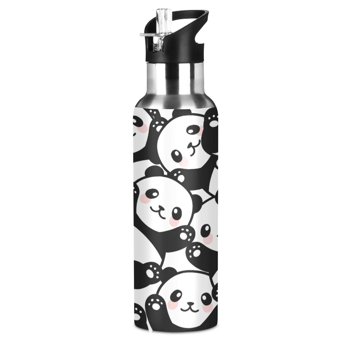ALAZA Stainless Steel Water Bottle with Straw, Animal Cute Little Panda Insulated Drink Flask Sports Water Bottle for Kids Adults, Leakproof, 600ml