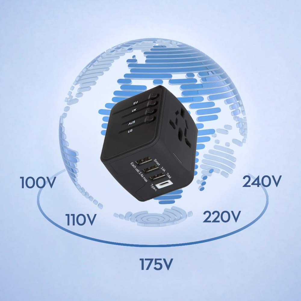 Adaptateur de Voyage Universel, NIERBO Voyage International Chargeur Convertisseur 3 Ports USB + 1 Type C pour US UK AUS EU FR IT