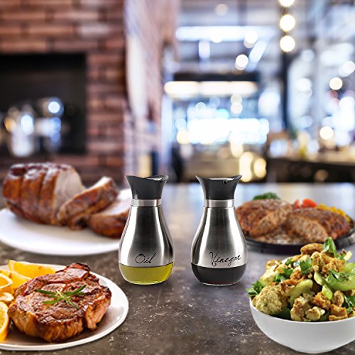 Emenest Oil and Vinegar Cruet Dispensers, Set of 2 Silver and Glass Bottles with Lid and Non-drip Spout - 13.6 Oz, Modern Decorative Condiments Storage