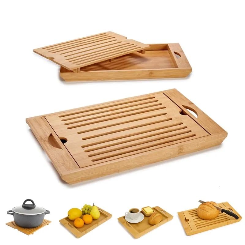 Migalheira Tábua de Pão em Bambu 36x22cm Bandeja com Coletor de Migalhas