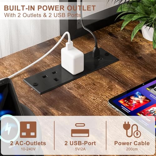 iSunirm L Shaped Gaming Desk with Power Outlets & LED Lights, Small L- Shaped Computer Corner Desk with Monitor Stand & Storage Shelf, Gaming Table with Storage Bag, Brown
