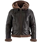 MARCO ENZOLANI Men B3 Ginger Bomber Removable Hood Real Shearling Sheepskin Leather Aviator Flight Jacket