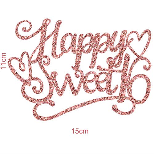 Set of 7 Glitter Rose Gold Happy Sweet 16 Cake Toppers Pack Star Cupcake Party Decor Decorations (D)