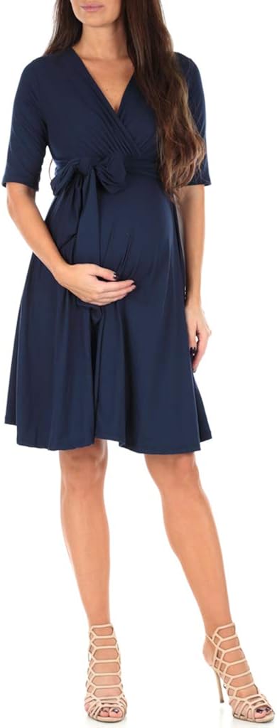 Mother Bee Maternity Women's Knee Length Wrap Dress with Belt for Baby Shower or Casual Wear at  Women’s Clothing store