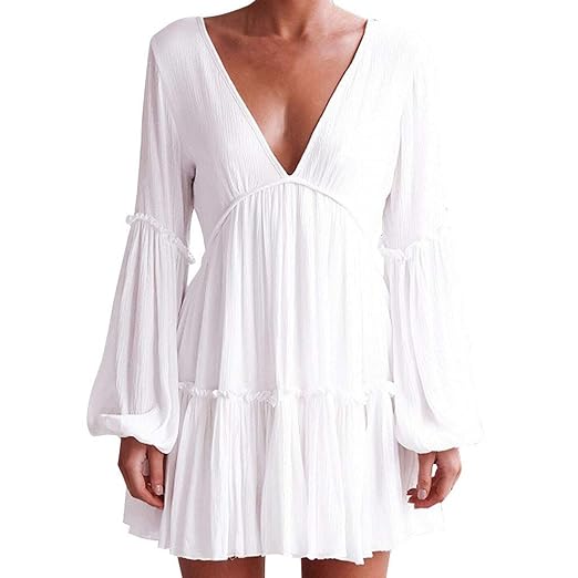 Asibeiul Women Sexy V Neck Dress Ladies Loose Casual Long Sleeve