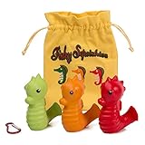 Fishy Squishies, 3 Pack, Soft Slow Rising Kawaii Squishy Toys, Convenient Toddler Travel Bag and Keychain Carabiner Included, Cute Silly Squishy’s, Seahorse Toy Characters, Green, Orange, Red