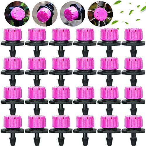 Kalolary 100Pcs 1/4Inch Irrigation Drippers Sprinklers, Adjustable Emitter Drippers Micro Drip Irrigation System Watering Sprinklers Anti-clogging Emitter Dripper Garden Supplies (Pink)
