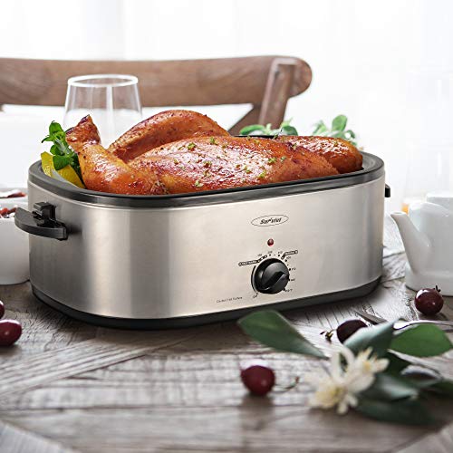 20 Quart Electric Roaster Oven, Turkey Roaster Electric Roaster Oven Buffet with Self-Basting Lid Removable Pan, Full-Range Temperature Control Cool-Touch Handles, Silver