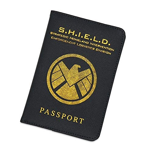 LizMatech Marvelous Strategic Homeland Intervention Enforcement Logistics Passport Holder - Black Faux Leather Travel Wallet with Gold Foil Emblem - Commemorative Superhero Cover (Shield)