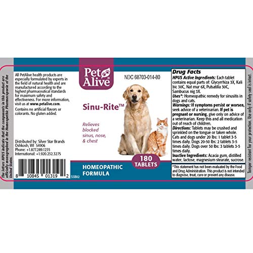 PetAlive Sinu-Rite - Natural Homeopathic Formula for Allergy-Related Congestion and Acute Sinusitis in Dogs and Cats - Relieves Blocked Sinus, Nose and Chest in Pets - 180 Tablets - Thumbnail 3