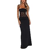 Aivelle Women's Lace Splicing Cutout Maxi Dress Square Neck Sleeveless Bodycon Sheer Corset Elegant Wedding Guest Dress