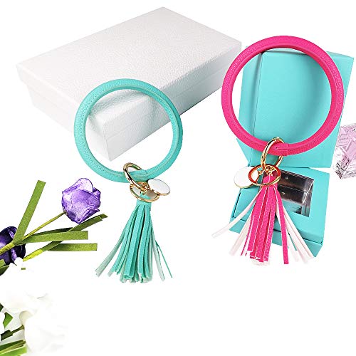 Leather Bracelet Key Ring Bangle Keyring, Tassel Ring Circle Key Ring Keychain Wristlet for Women Girls - Free Your Hands (Rose Red)