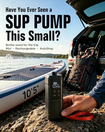 Mini Paddle Board Pump, Portable SUP Air Pump with Battery, Lightweight Electric Inflator 12 PSI Automatic Shut-Off, USB-C Rechargeable for Paddle Boards, Kayak, Pool Floats