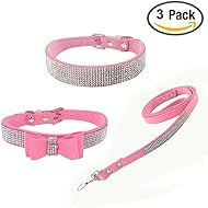 Newtensina 3pcs Stylish Dog Collar and Leash Set Soft Suede Bling Dog Collar with Bow Tie Puppy Collar and Leash for Small Dogs Cats