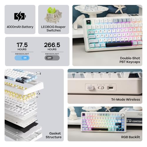 EPOMAKER x AULA F75 Gasket Mechanical Keyboard, 75% Wireless Hot Swappable Gaming Keyboard with Five-Layer Padding&Knob, Bluetooth/2.4GHz/USB-C, RGB (Light Blue, LEOBOG Reaper Switch)
