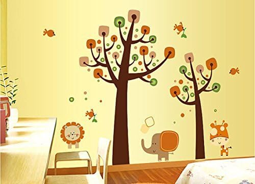 Thostore Brown Tree Wall Decal with Birds, Lion Elephant Wall Decal, Cartoon Animal Wall Sticker, Kids Children Nursery Wall Decal Wall Mural