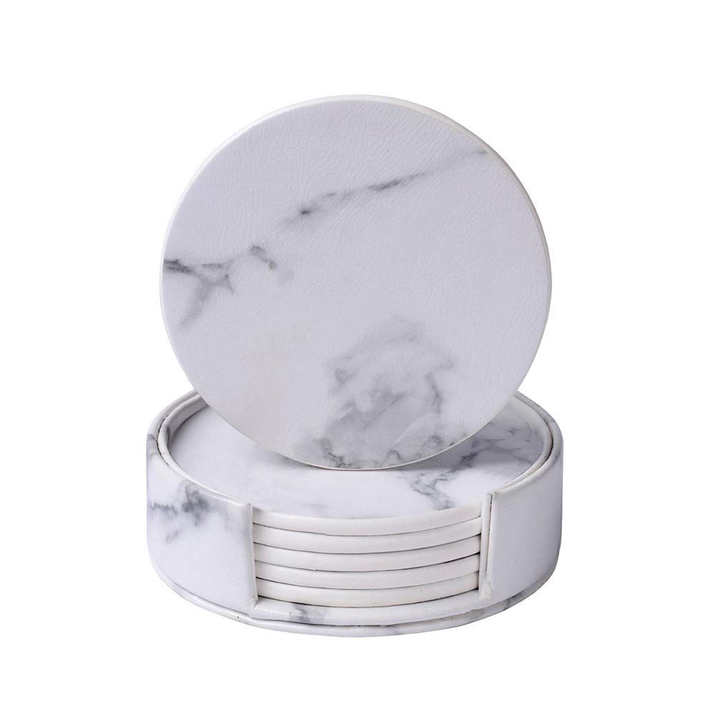 6 Pcs/Set Marble Leather Coasters, White Round Cup Mats with Holder, Heat Resistant Non-Slip Pads for Drinks Tea Coffee Cup Mug Glass - Protect Table from Scratch, Spills, Water Rings and Damage