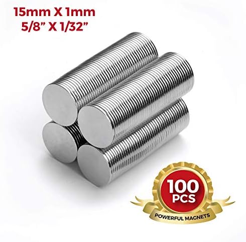 15mm x 1mm 5/8" x 1/32" Thin Multi-Use Round Disc Magnets for Refrigerator, Science, Crafts, Arts, DIY, Whiteboard by NEOGAUSS N52 (100)