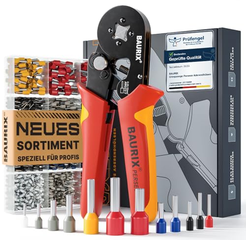BAURIX® Crimpzange mit 1820 Aderendhülsen Set – Aderendhülsenzange selbsteinstellend 0,25–10 mm², 8-18mm Länge – Elektriker Werkzeug für zuverlässige