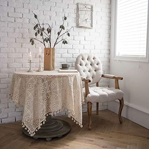 YQ ParkLace Rectangular Tablecloth with Handmade Vintage Diamond Tassel Patterns for Parties, Weddings, Baby Showers, Dining Tables, Beige, 33x33 Inches