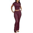 ANRABESS Lounge Sets for Women 2 Piece Foldover Yoga Flare Leggings Pants Crop Tops Casual Y2K Outfits Matching Tracksuit Set