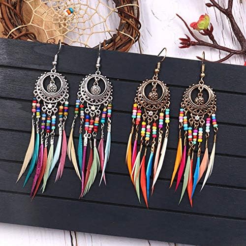 Valentine's Day Elegant Earrings Jewelry Accessories, Boho Women Hollow Carved Circle Feather Tassel Dangle Hook Earrings Jewelry - Antique Silver