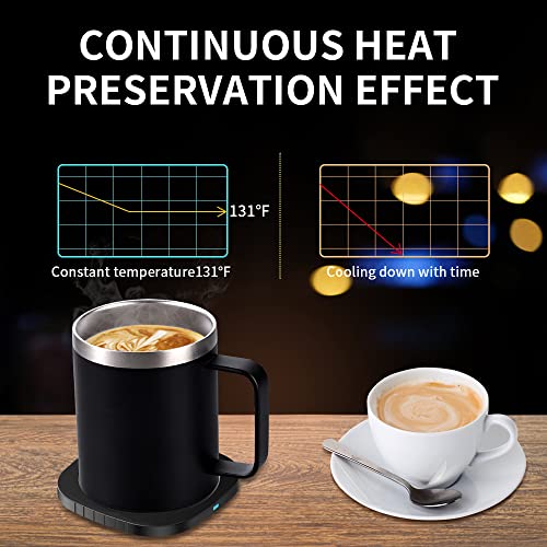 Smart Heated Coffee Mug for Office/Travel/Home, Coffee Mug Warmer with Wireless Charging, Constant Temperature, Double Vacuum Insulation, Gift for Winter & Coffee Drinker (Black)