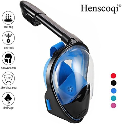 Henscoqi 180° Full Face Snorkel Mask,Anti-Fog and Anti-Leak Design/Adjustable Head Straps/Free Breathing Tubeless Design/Prevents Gag Reflex,See More with Larger Viewing Area