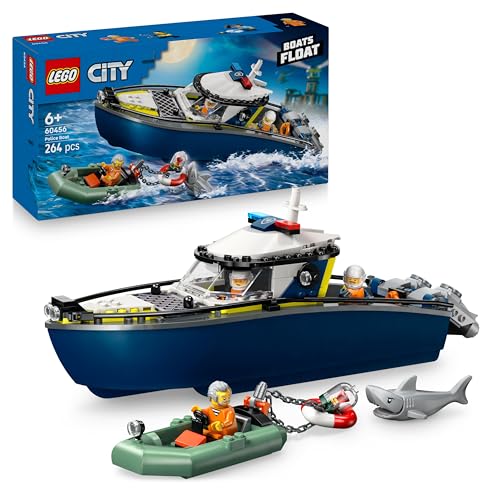 City Police Boat Chase Set - INCL. 2 Boat Toys, 3 Minifigures & a Shark Animal Figure - Gift for 6+ Year Old Boys & Girls - 60456
