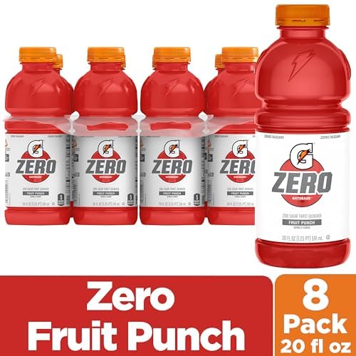 GATORADE THIRST QUENCHER ZERO SUGAR SPORTS DRINK, FRUIT PUNCH, 20OZ BOTTLES, 8 PACK, ELECTROLYTES FOR REHYDRATION