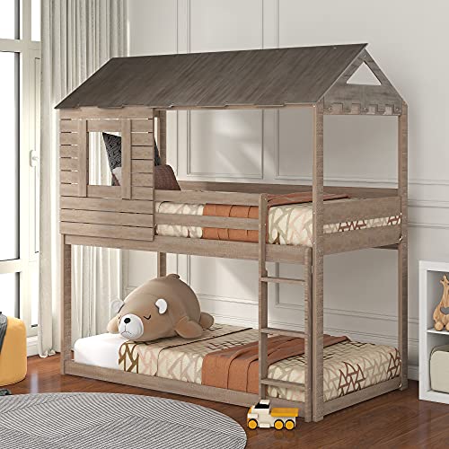 MERITLINE Wood House Bunk Bed for Kids, Twin Over Twin Bunk Bed with